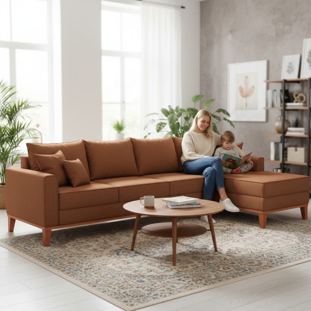 Sofá 4 Lugares Beny com Chaise Direito Corino Terracota