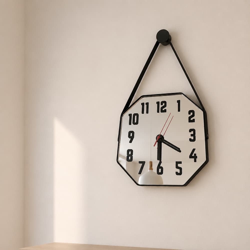 Relógio Adnet Espelhado 25x25cm com Alça Couro Ecológico + Pendurador Relógio de Parede Espelho