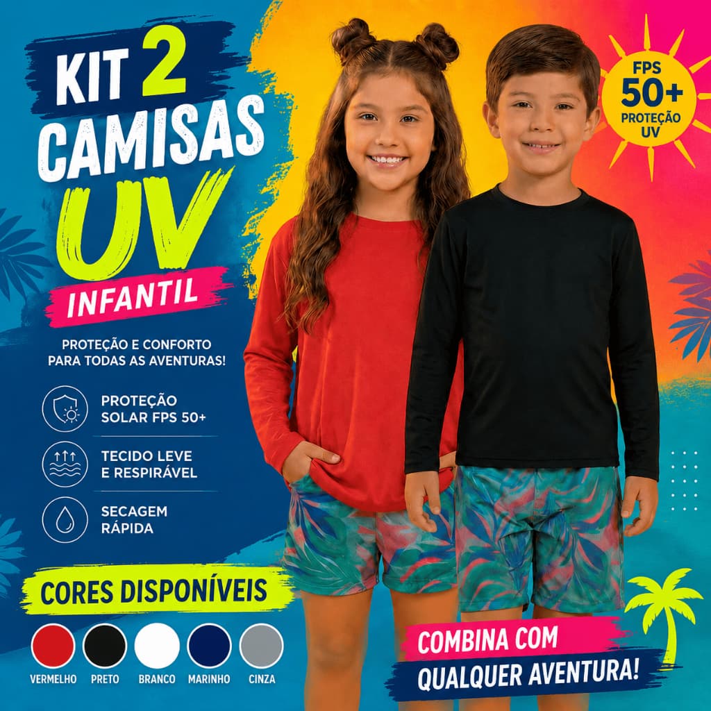 Combo 2 Camisas Infantil Criança Térmica Manga Longa Unissex Proteção UV Solar Conforto