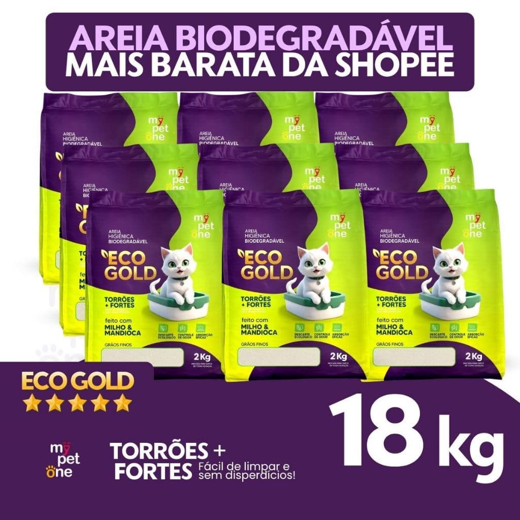 Kit 9 Areia Biodegradável Milho e Mandioca para Gatos Cat Bio Eco Gold Grãos Finos MyPetOne - 18Kg