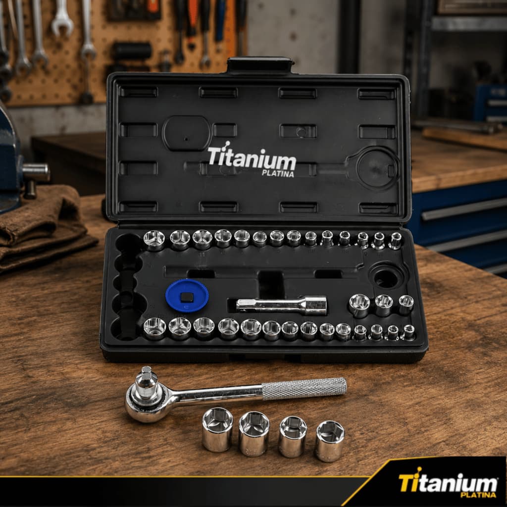 Kit 40 Peças Jogo de Soquetes com Catraca Reversível e Maleta Titanium Platina