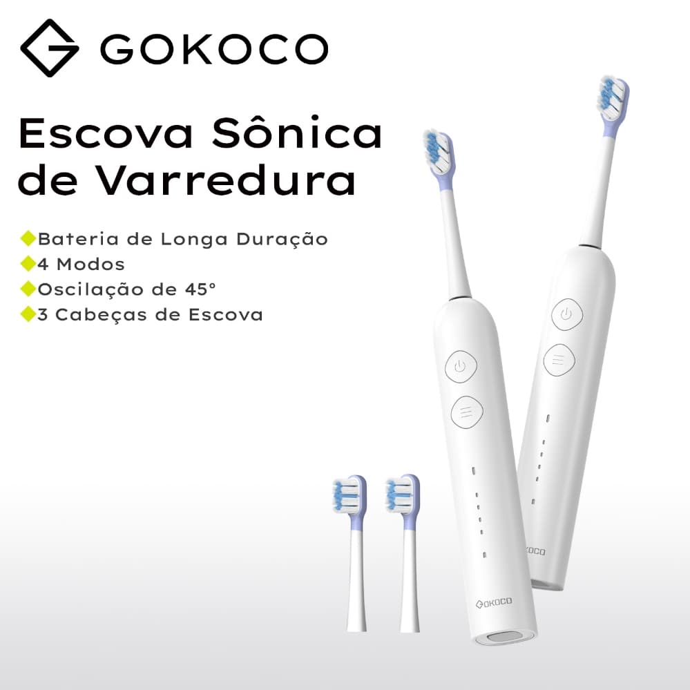 GOKOCO Escova de dentes elétrica sônica Movimento de varredura 45°evibrações alta frequência Quatro modos e três níveis
