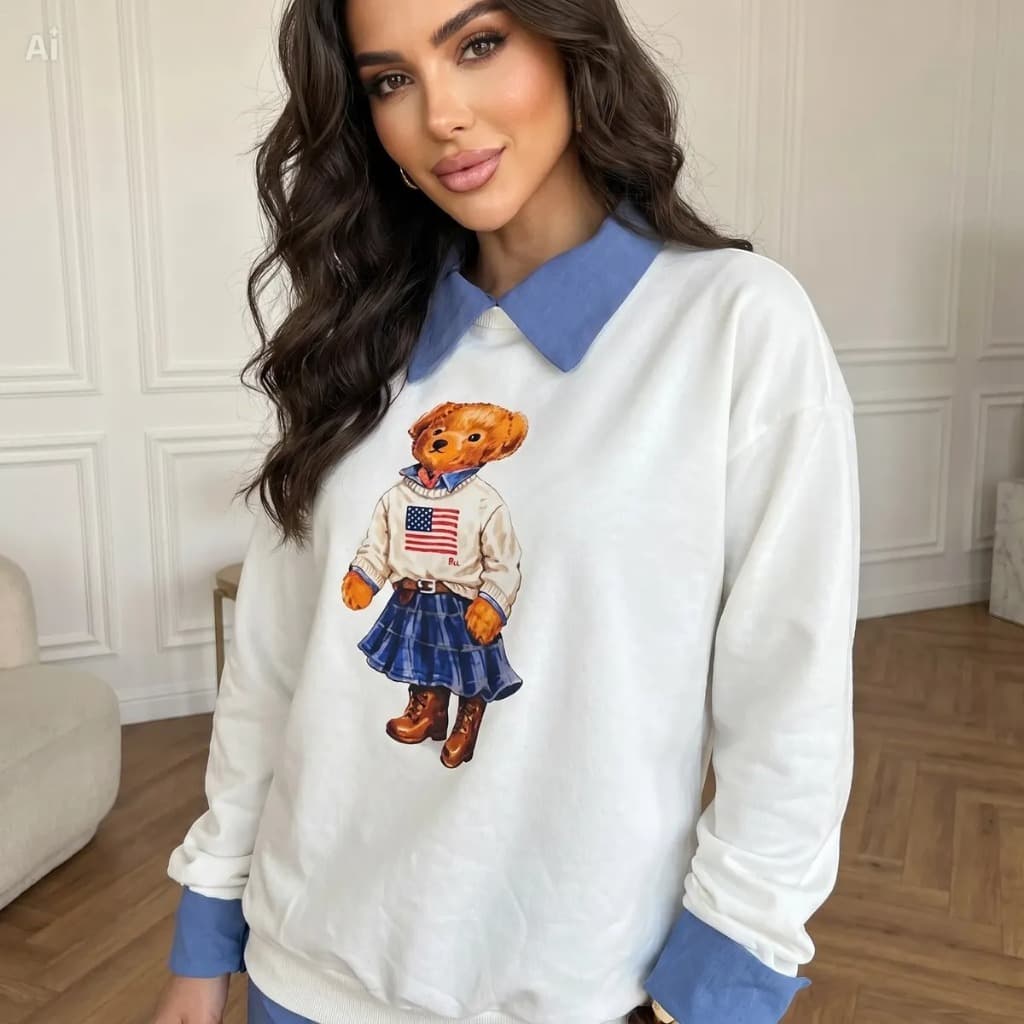 Moletom Estampado Urso Feminino Estiloso Blusa de Frio Moda Inverno Casual
