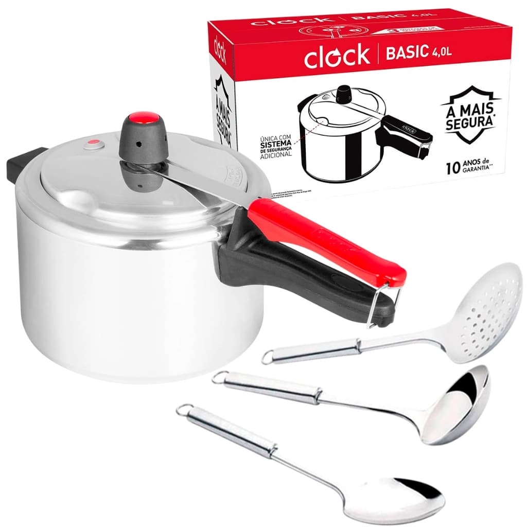 Panela Pressão 4L Original Basic Polida Clock e Utensílios em Aço Inox 3 peças