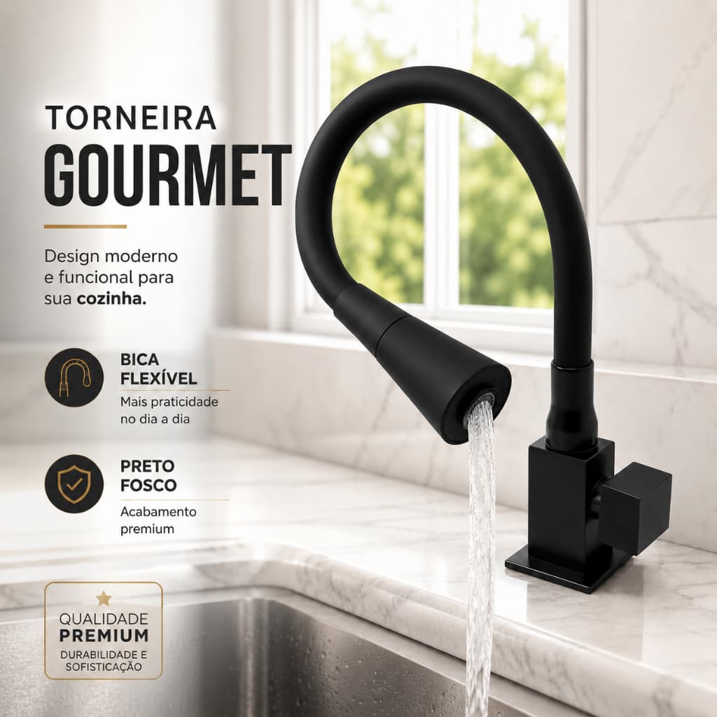 Torneira de Cozinha Pia Bancada Gourmet Quadrada Flexível 2 Jatos Preta C100