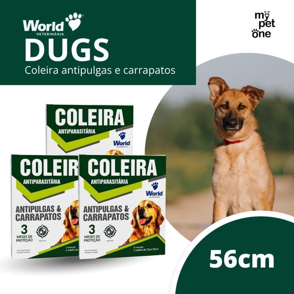 Kit 3 Coleira World Veterinária Dug's 17g Antipulgas para Cães - 56cm