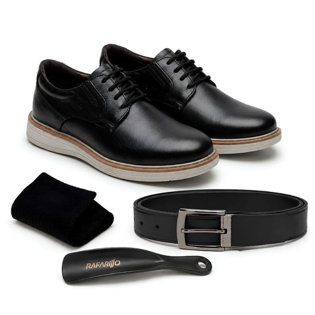 Kit Rafarillo Sapato Social Masculino em Couro com Cinto Meia e Calçadeira Confortável Casual Elegante