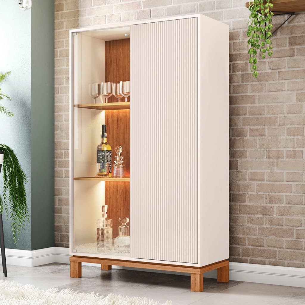 Cristaleira Porta de Vidro Com LED 90cm Lucca Off/Freijó C01 - Mpozenato