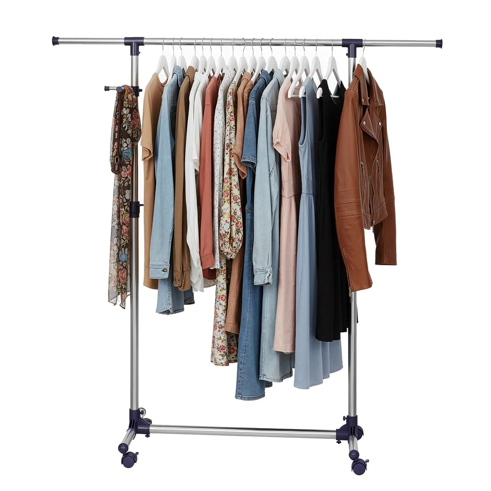 SONGMICS Cabideiro com rodas, altura ajustável 97–165 cm, barra extensível e ganchos laterais