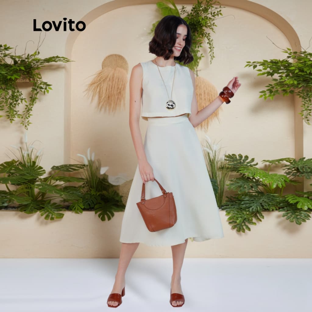 Lovito Conjunto Linho Moda Elegante Liso de Saia para Mulheres KSB679BRL709