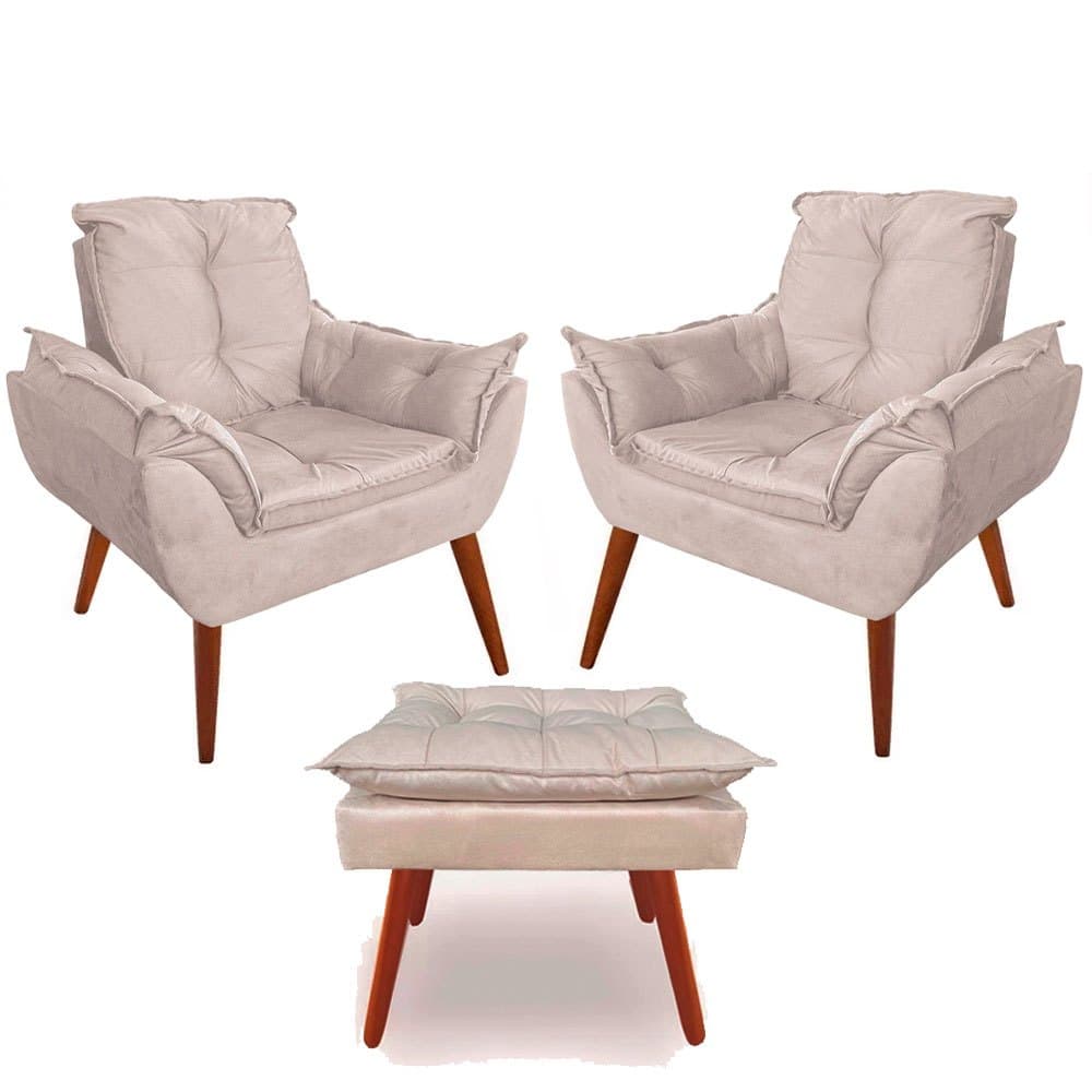 2 Poltronas Cadeira Estofada com Pés de Madeira Palito em Suede Várias Cores Com Puff Puf Opalla