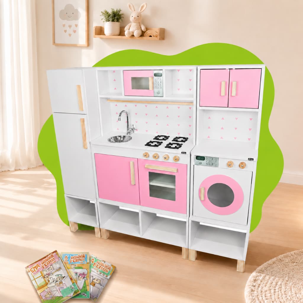 Cozinha Infantil Completa Rosa Com Módulo Crescer Faz de Conta Chef Brinquedo Kit Livro Educativo