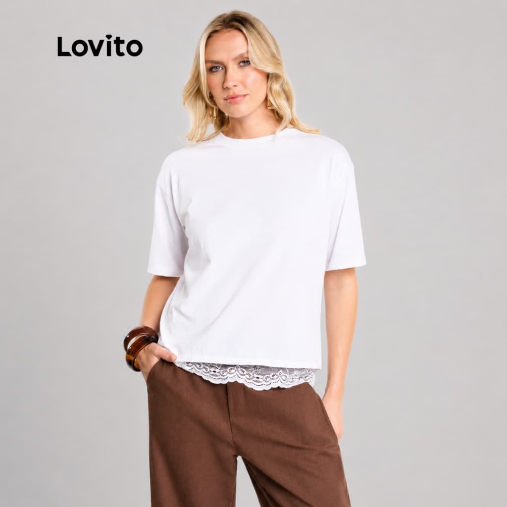 Lovito Camiseta Feminina com Renda na Barra Oversized Confortável BRTSB18081838