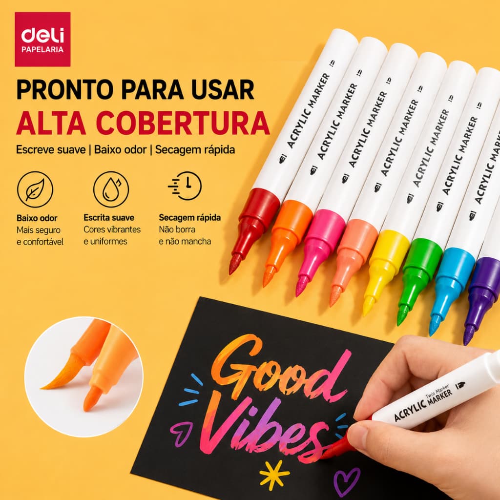 Marcador Acrílico Deli 12/24/36 Cores Ponta Dupla para Madeira, Vidro, Papel, Artesanato e DIY