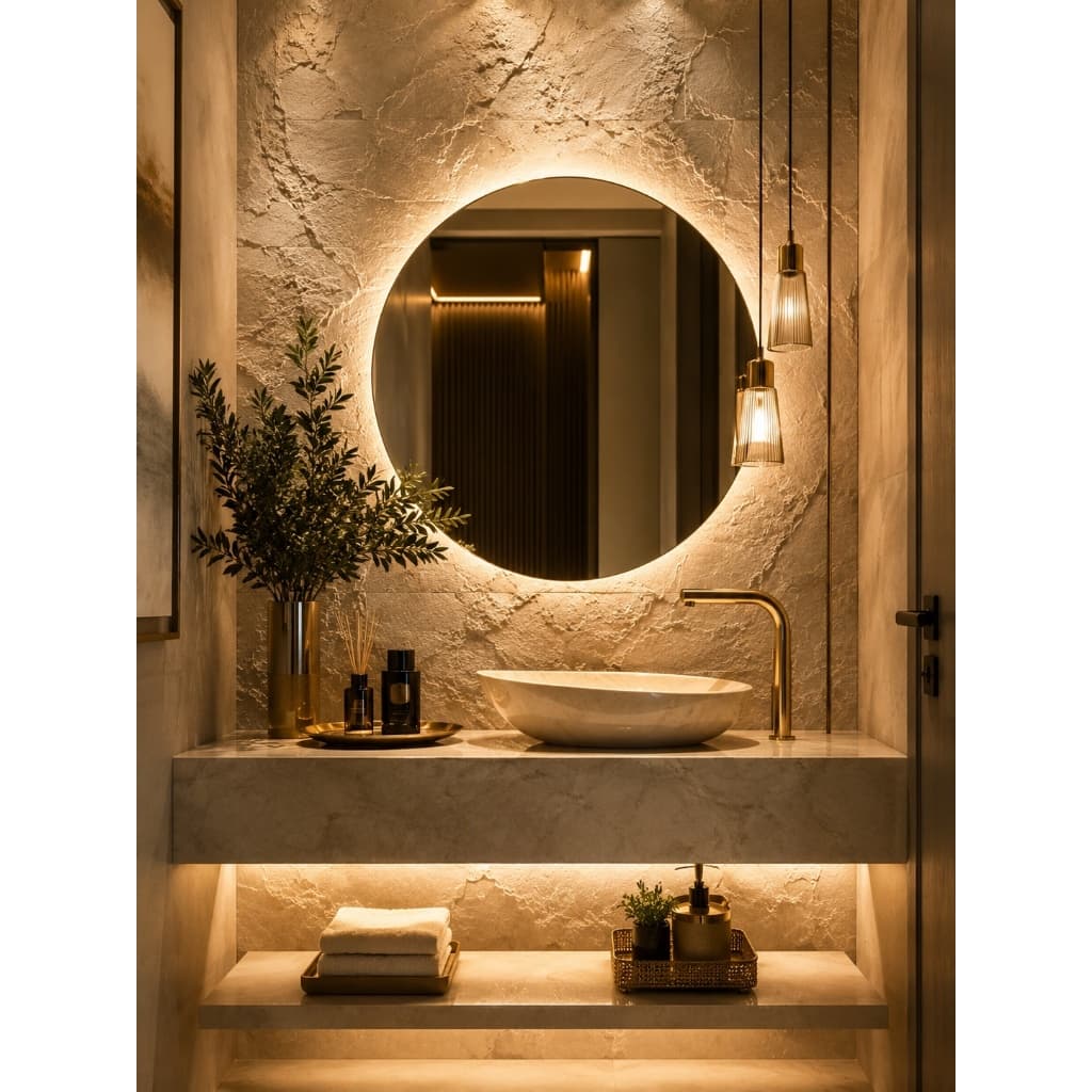 Espelho Redondo 40cm com LED e Fonte Lapidado Decorativo Para Banheiro Moderno