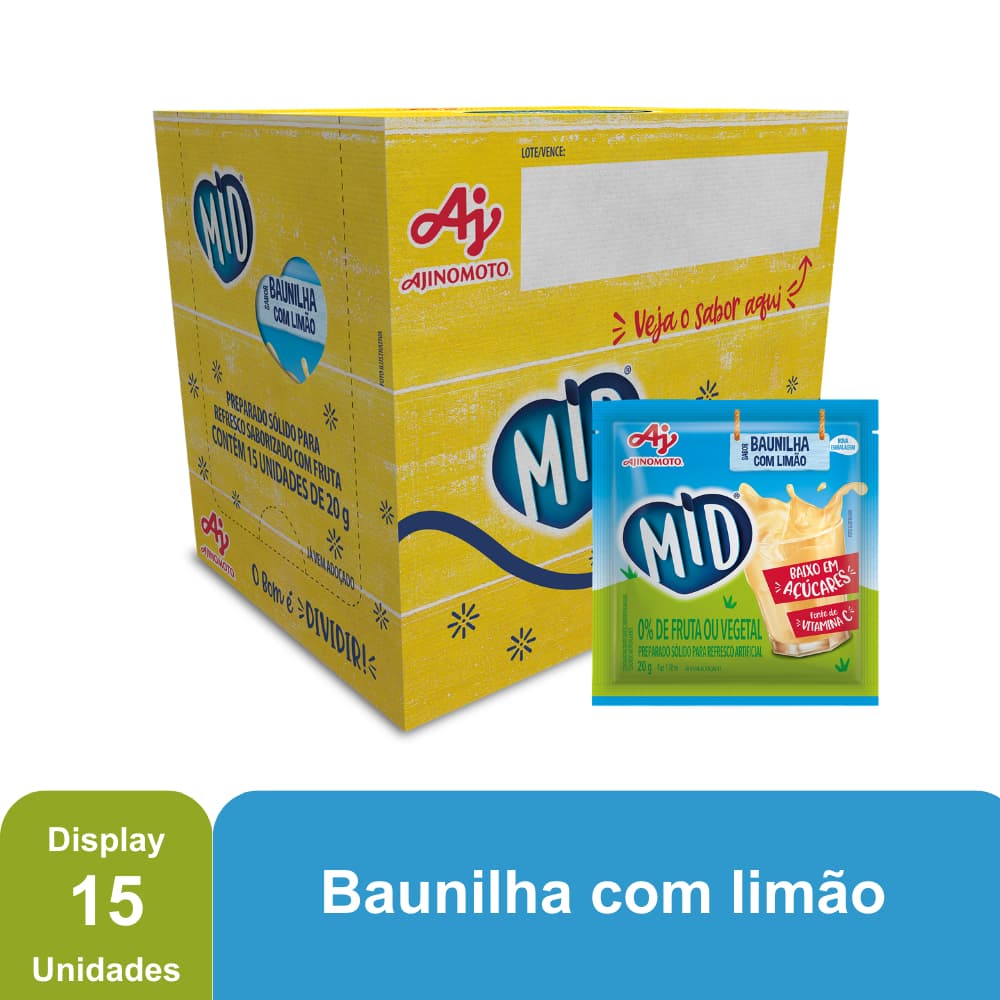 Kit Refresco em Pó MID® Sabor Baunilha Com Limão Com 15 Unidades de 20g