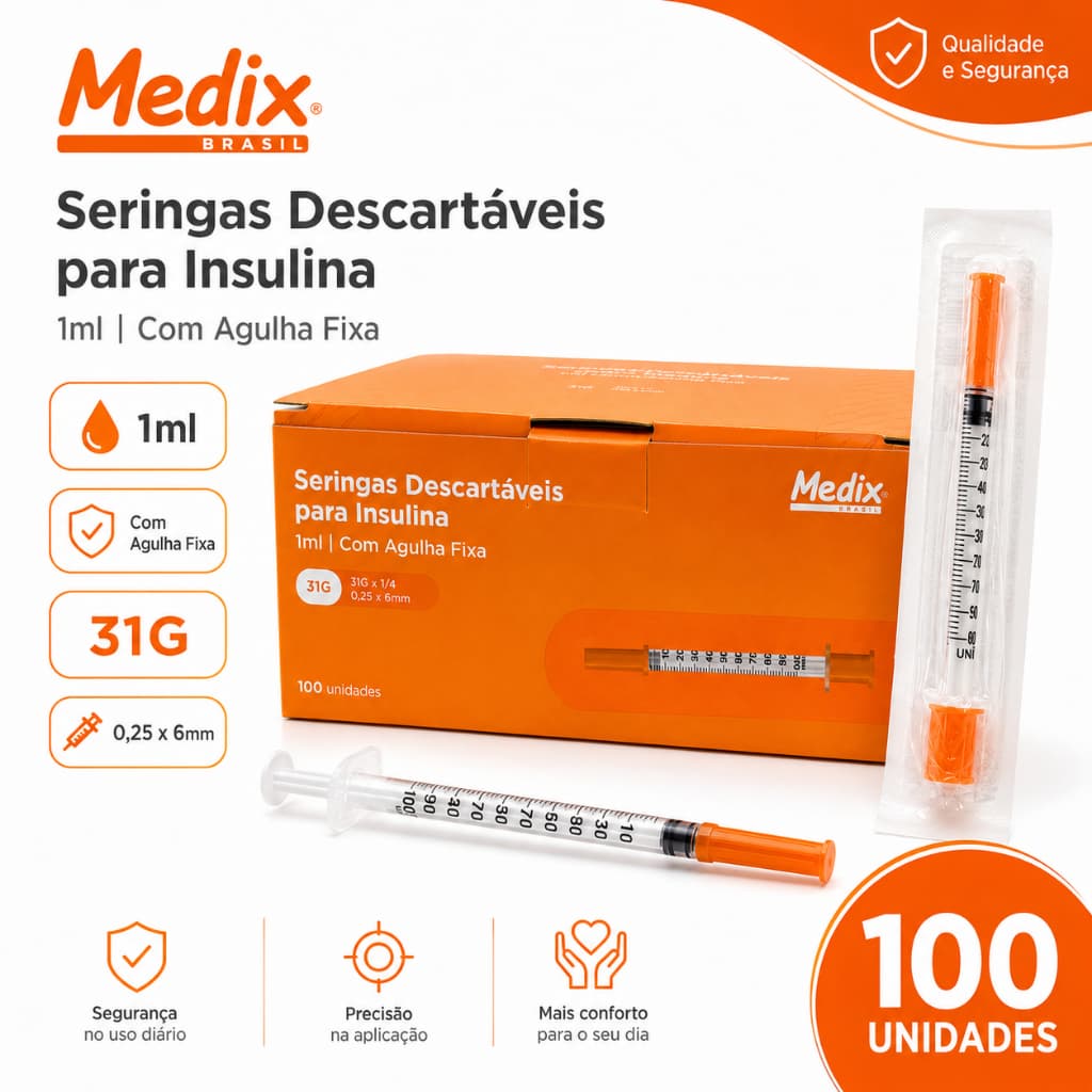 Caixa C/100 Unidades Seringa de insulina 1ml com agulha fixa 6x0,25