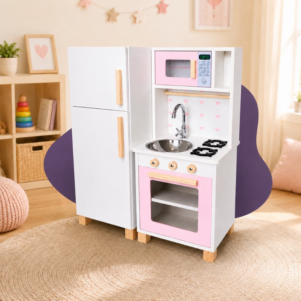 Mini Cozinha Infantil Geladeira Madeira Rosa Bebê Faz de Conta Chef Brinquedo Pedagógico Kit Livro