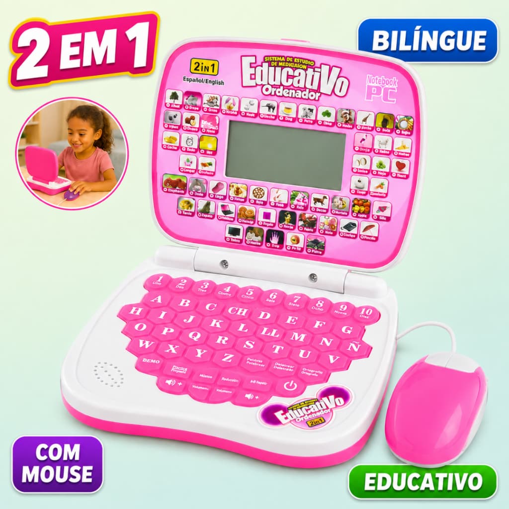 Laptop Infantil Bilíngue Educativo Com Mouse Aprende Inglês Brinquedo Rosa