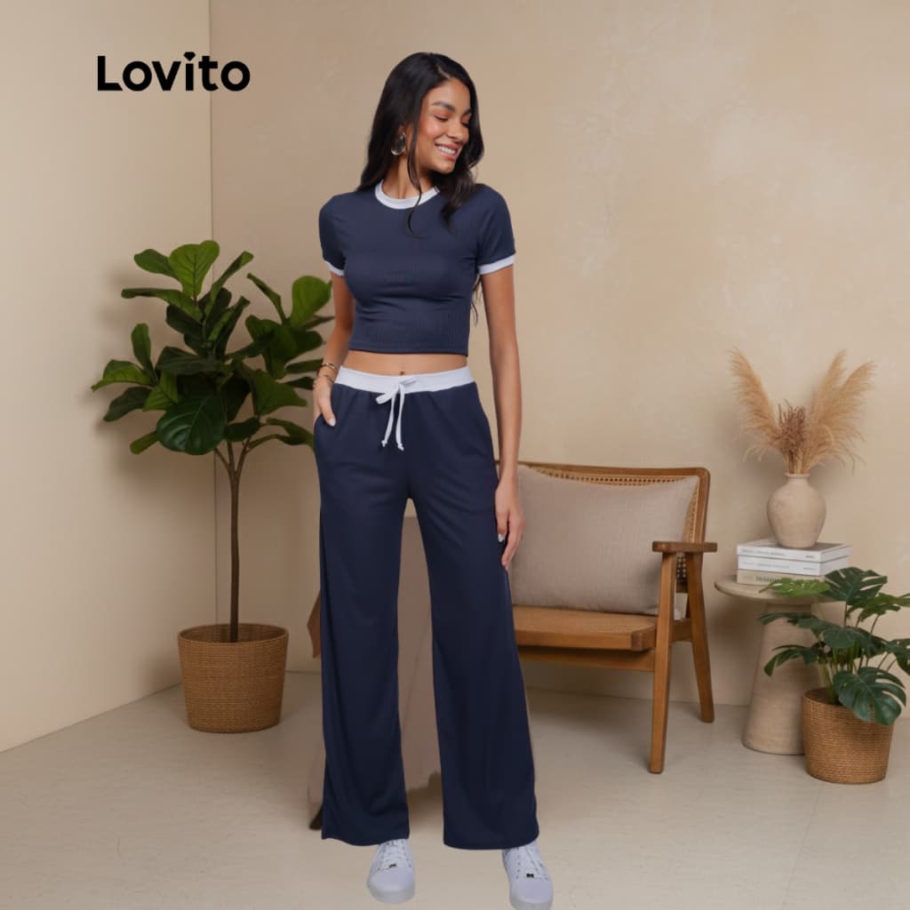 Lovito Conjunto Longo Feminino Contraste Malha Marinho Moda Basica BRPSB16521682