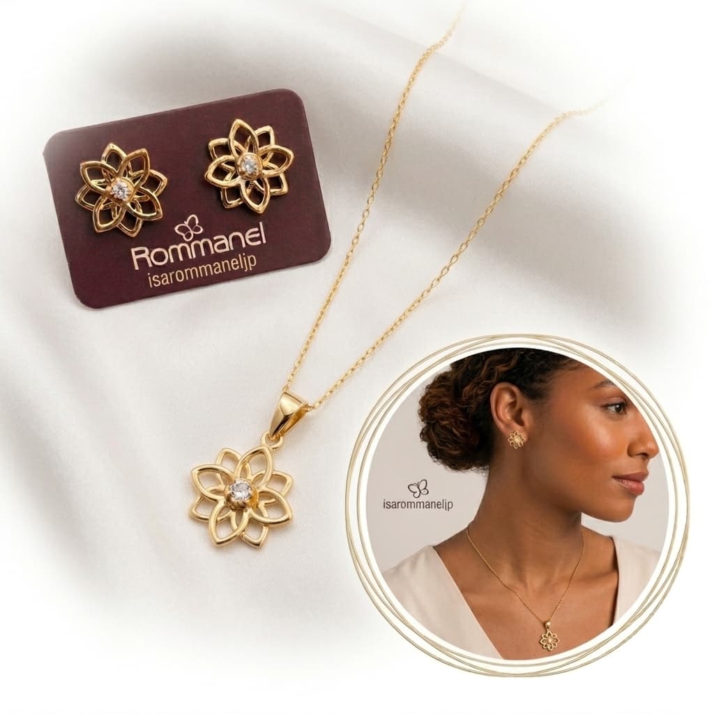 Conjunto Rommanel Colar Pingente e Brincos Flor de Lotus Cordão fio cadeado