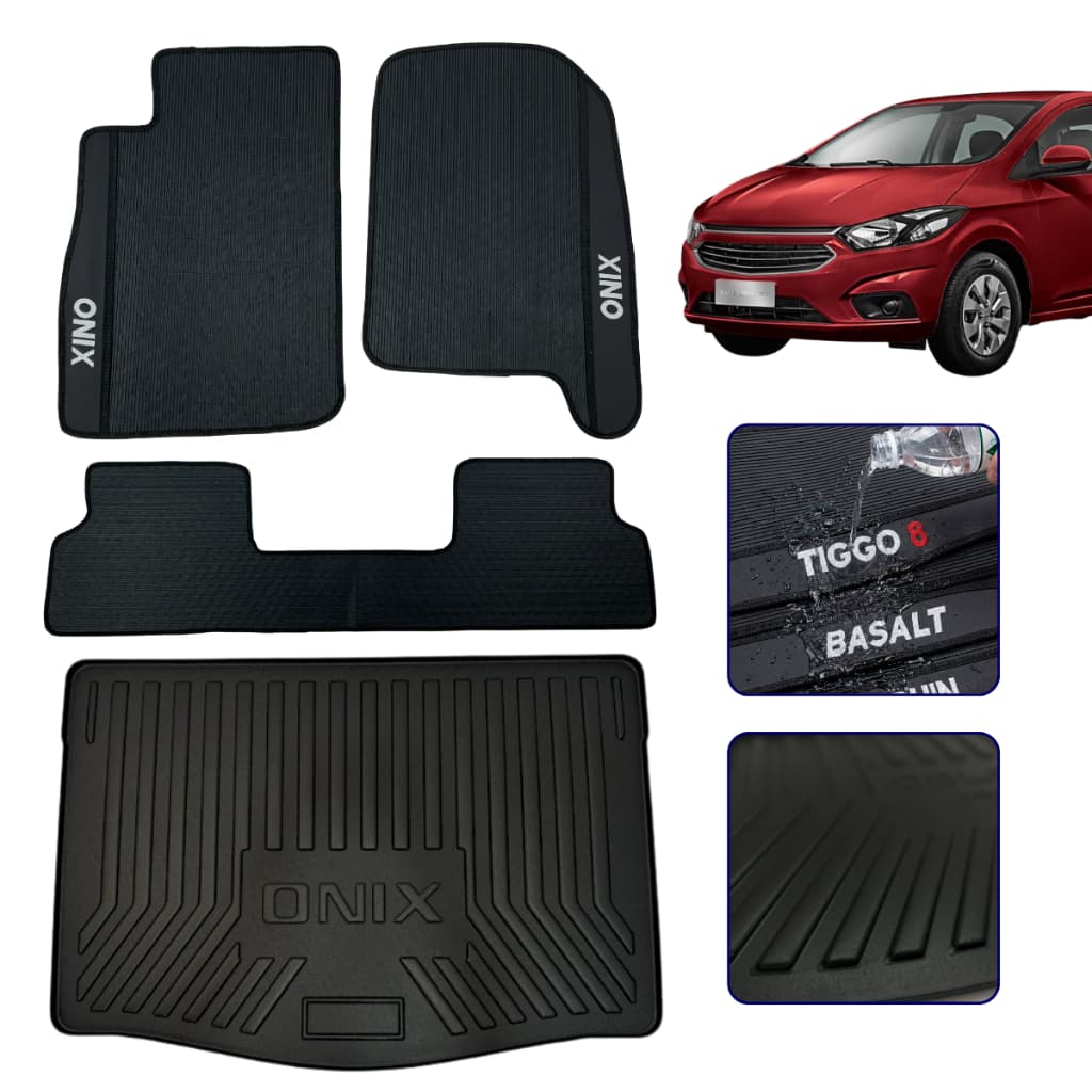 Jogo de Tapete Interno Emborrachado + Bandeja Porta Malas Para Onix Hatch 2012 a 2019