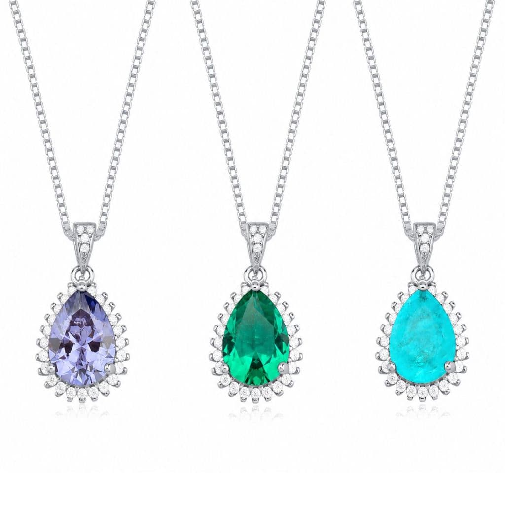 Colar Feminino de Prata 925  Gota Cravejada com Moissanites | Dois modelos de Correntes