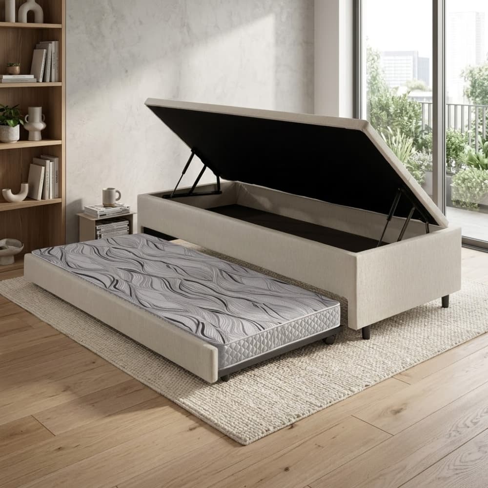 Bicama Box com Baú Solteiro Courino Linho Areia 88x188 com Colchão Auxiliar Ecoflex