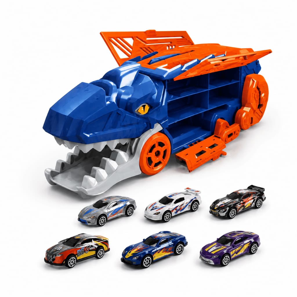 Caminhão Dinossauro Cegonha 2 Em 1 Pista Lançador + 6 Carrinhos Infantil