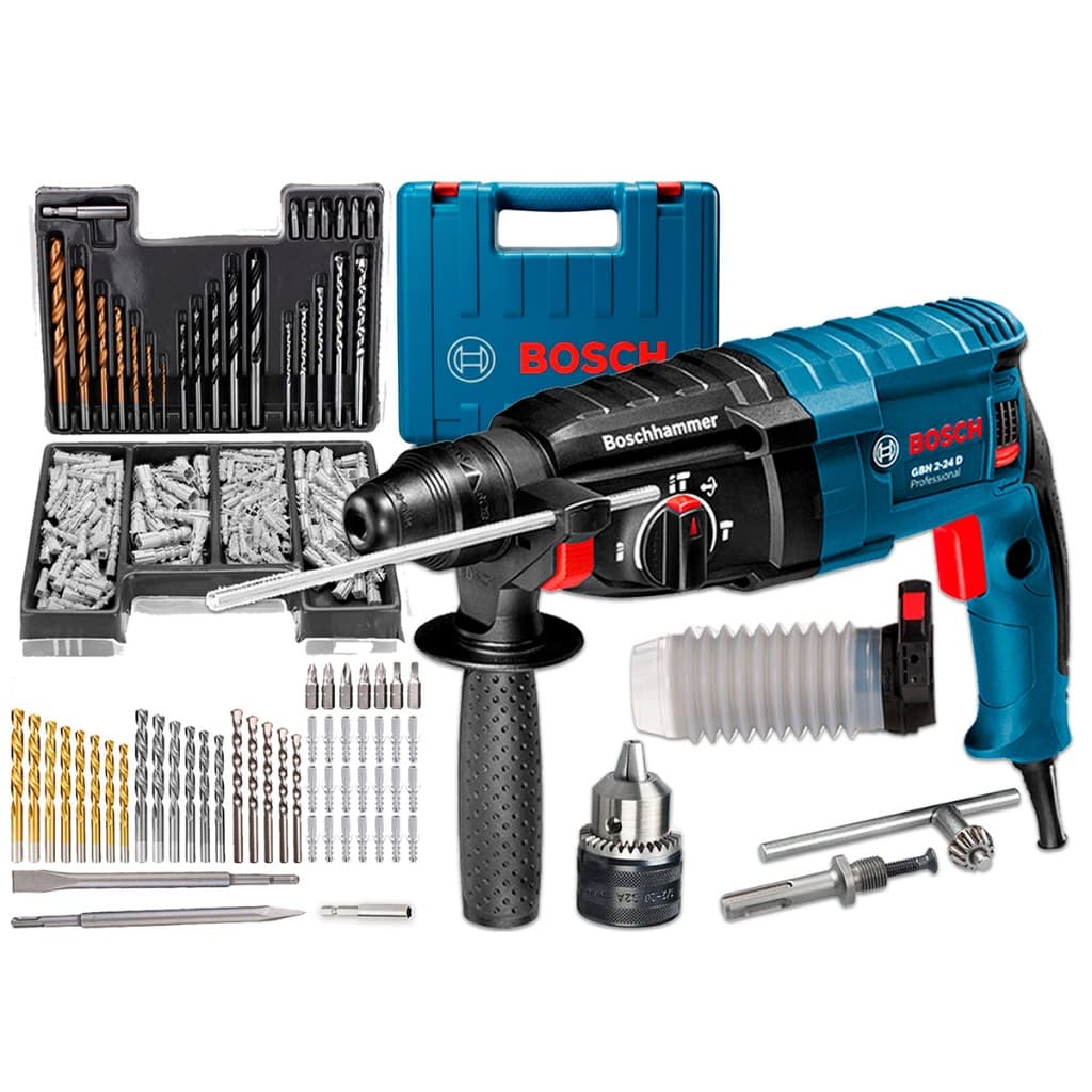 Kit Martelete Perfurador Rotativo GBH 2-24 D Bosch Profissional + Adaptador Mandril 1/2 13mm C/ Maleta 300 Pçs E Cinzeis