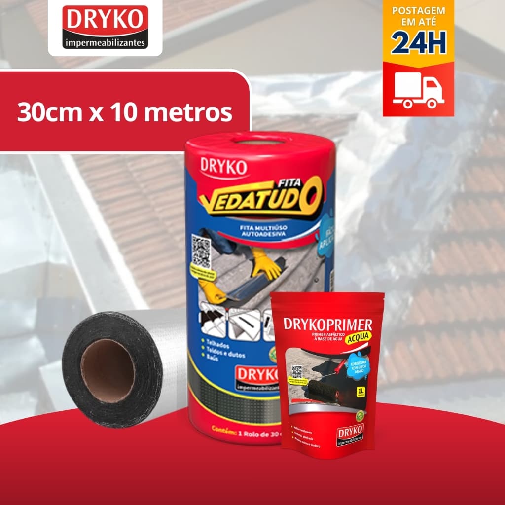 Manta Asfáltica 30cm + Primer Asfáltico Kit Aplicação Fita Metalizada Vedação Telha Laje Vedatudo