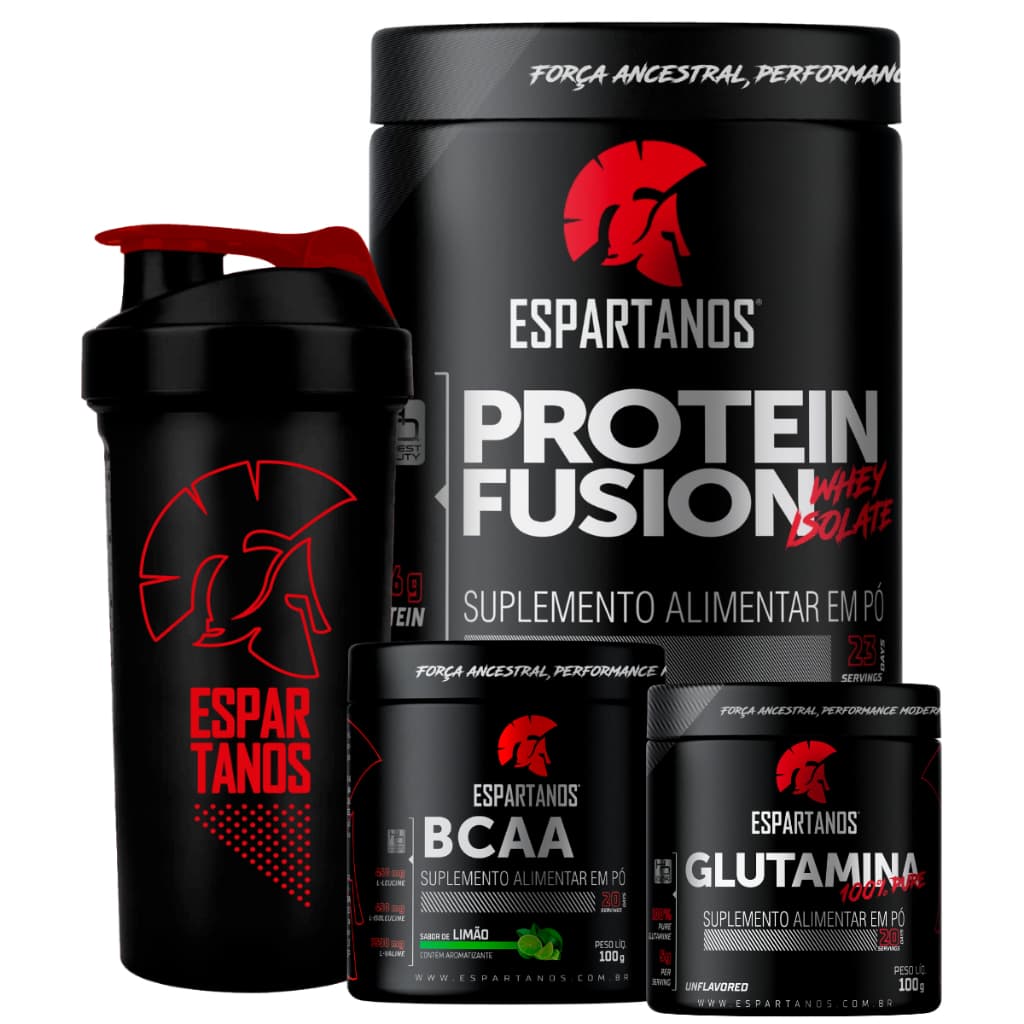 Kit Whey Protein Fusion + Bcaa + Glutamina + Shaker - Espartanos