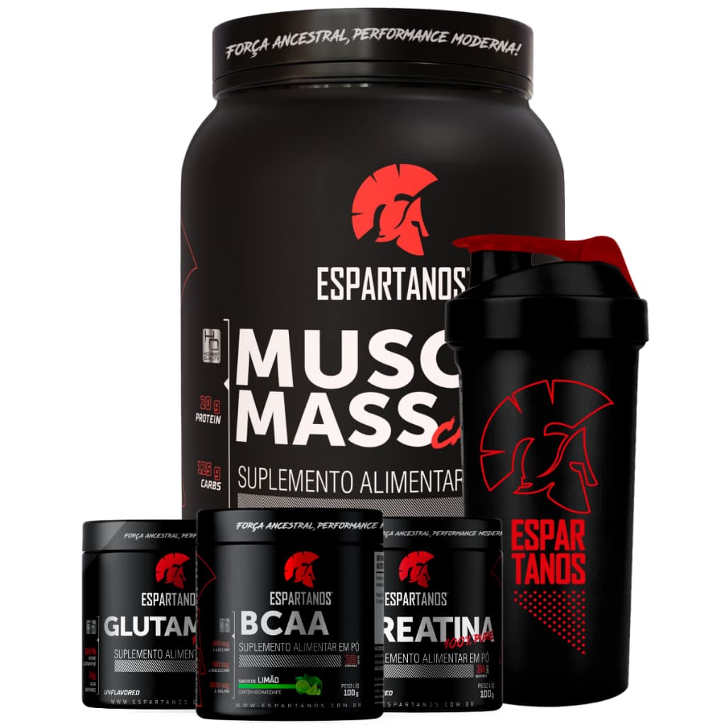 Kit Mass Hipercalórico + Bcaa + Creatina + Glutamina + Coqueteleira - Espartanos