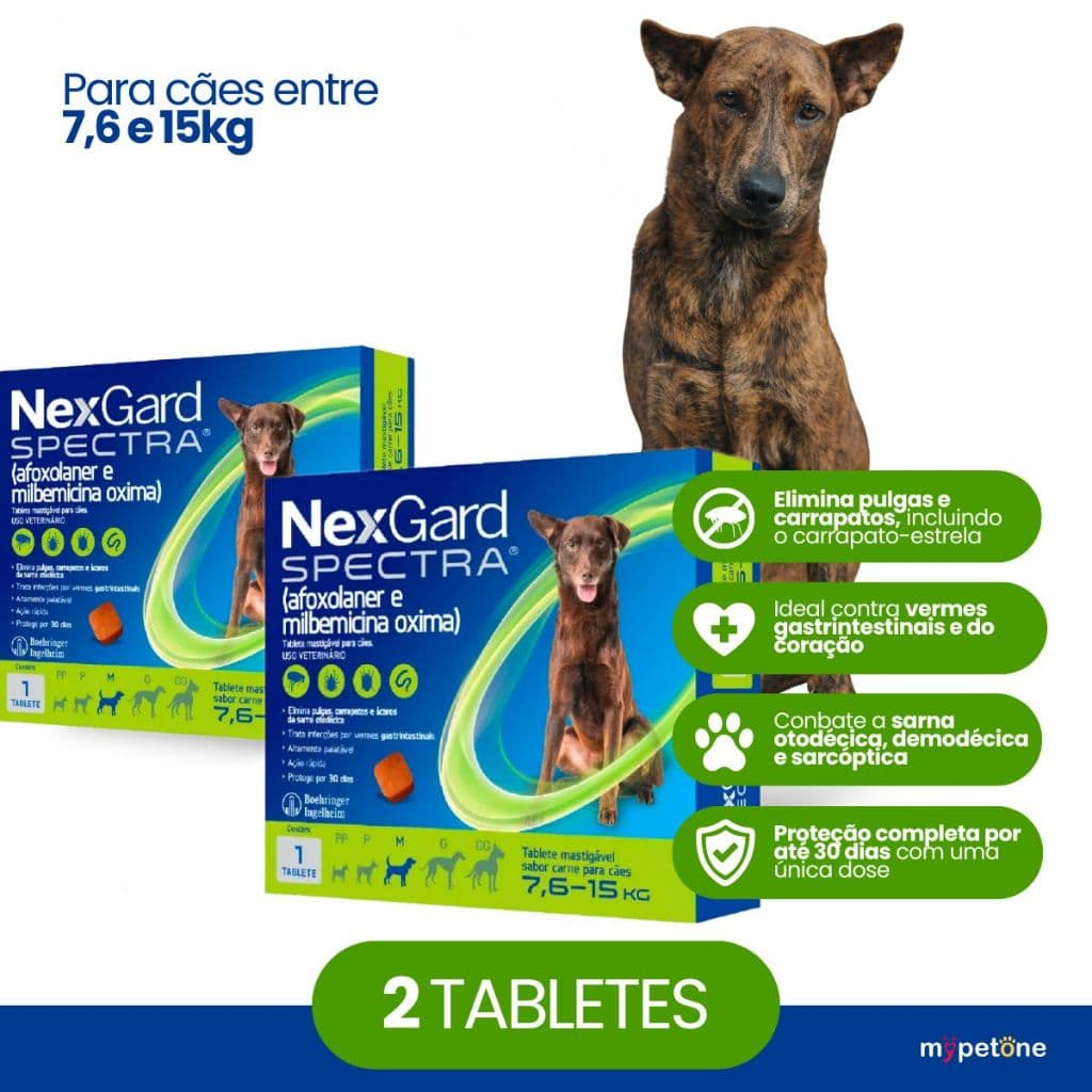 Kit 2 Antipulgas, Carrapatos e Vermifugo NexGard Spectra para Cães de 7,6 a 15 Kg - 1 Tablete