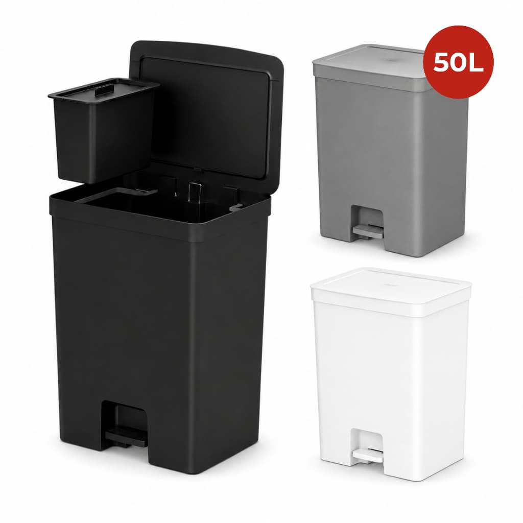 Lixeira Com Pedal Linha Trium 46L+ Cesto 4L Removível Lixeira Cozinha Cinza Branco Preto OU