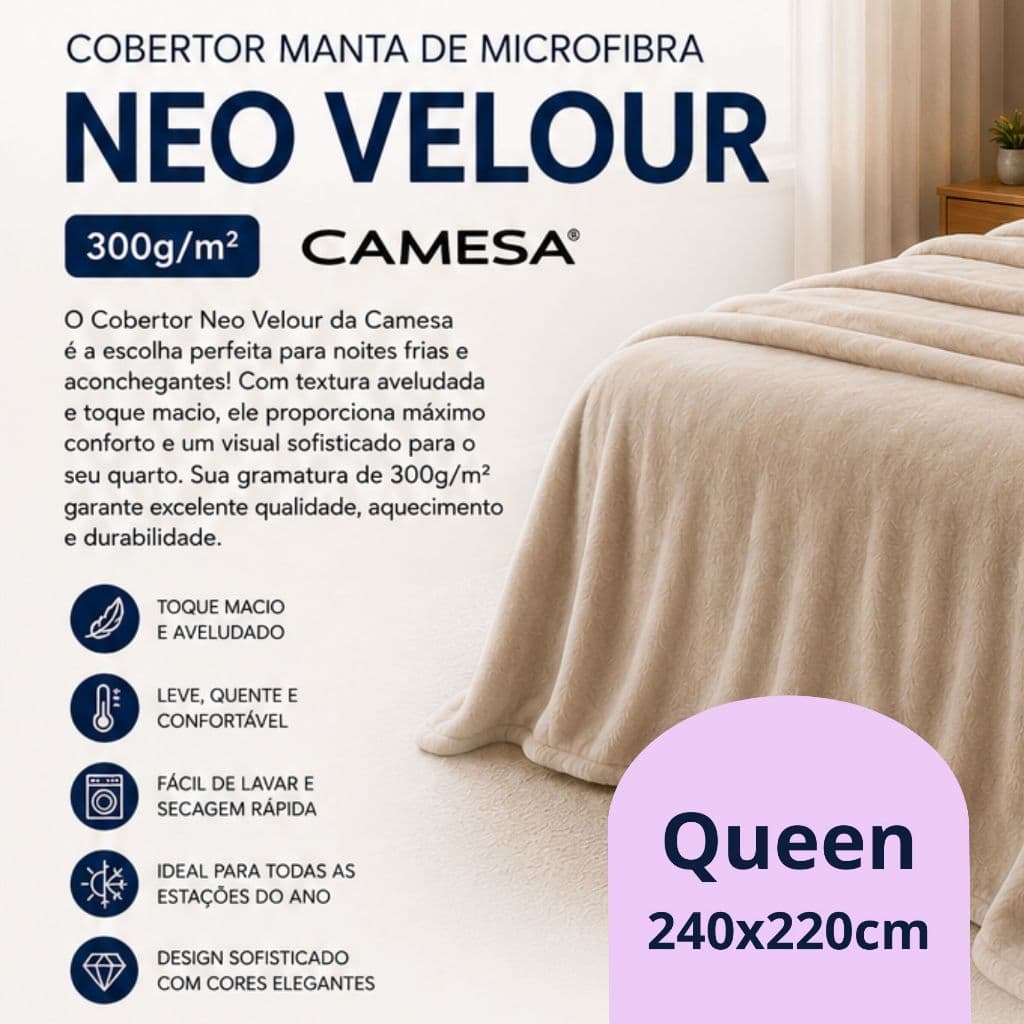 Cobertor Manta de Microfibra Neo Velour 300g/m² Queen 2,20x2,40m – Camesa