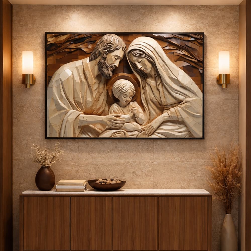 Quadro Decorativo Família Sagrada 120x80cm 1 Tela Com Moldura Para Sala Quarto Escritório