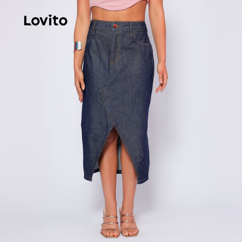 Lovito Saia Jeans Midi Fenda Moda Modesta Lisa Casual Feminina BRSKB724BRL754