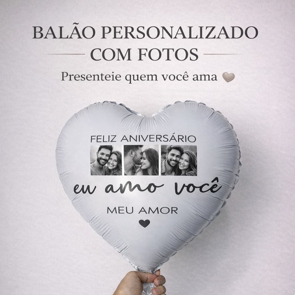 PERSONALIZADO| Balão de Coração ADESIVADO com foto + VARETA Metalizado Aniversário Presente e Surpresa Dia dos Pais