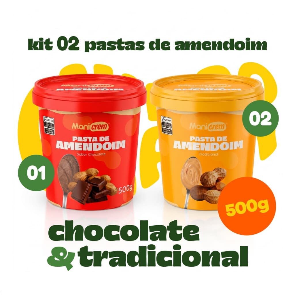 Kit 02x Pasta de Amendoim Manicrem Tradicional e Chocolate - 500g