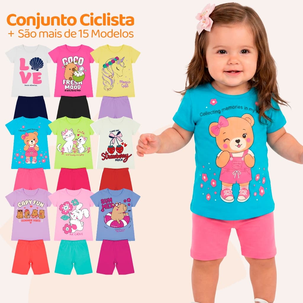 Kit Sortido 6 Peças de Roupas Bebe Menina Conjunto Ciclista Tamanho 1 ao 10