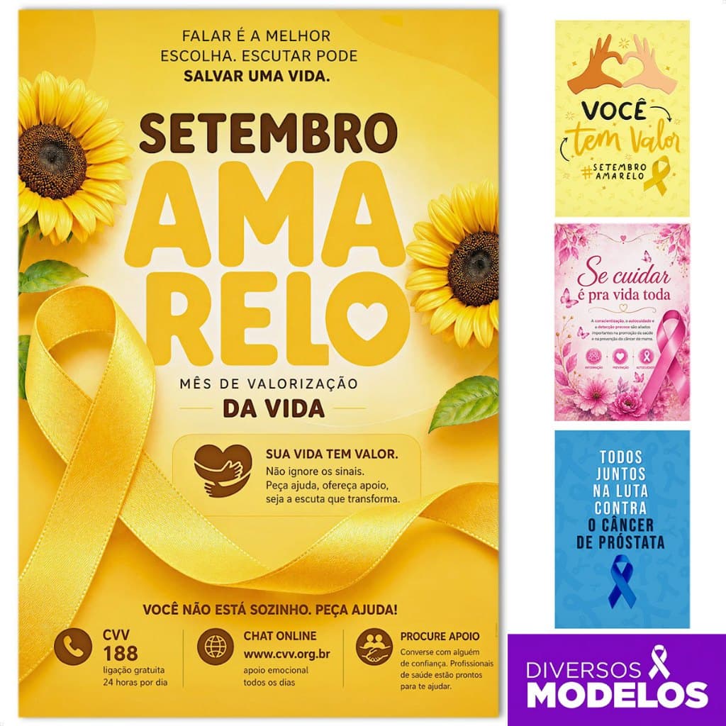 Painel Setembro Amarelo Retangular 1,50x2,20m Decoração Campanha Conscientização Sublimado Em Tecido