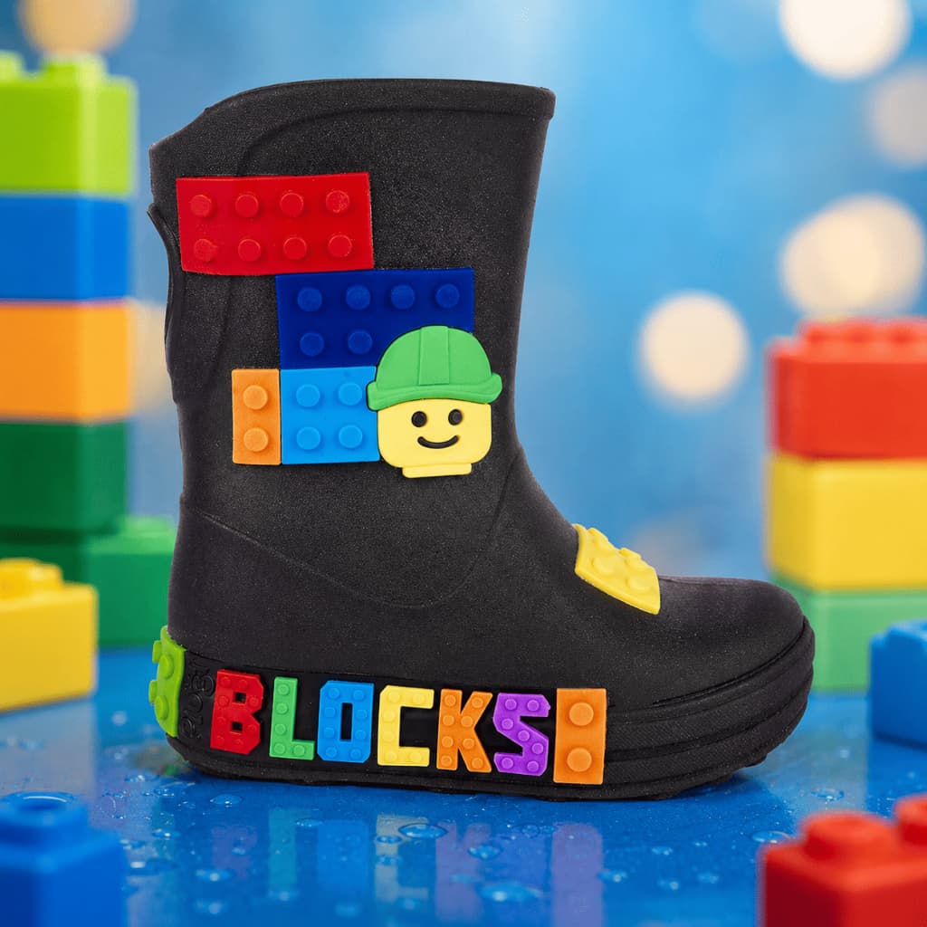 Galocha Infantil Plugt Blocks Menino Bota Bloco Macio Impermeável Confortável Antiderrapante Leve