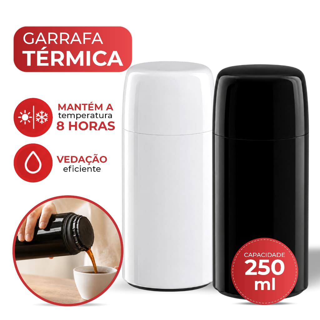 Garrafa Térmica de Água Mini 250ml Firenze Preta Branca Bege Tampa Rosqueável Café Chá Invicta