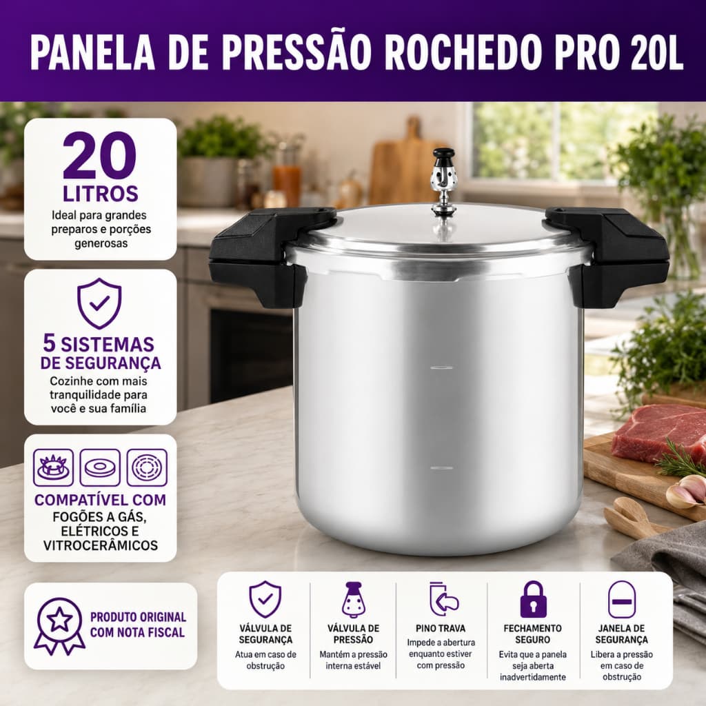 Panela de Pressão 20L Inox Fechamento Externo Pro Polida - Rochedo