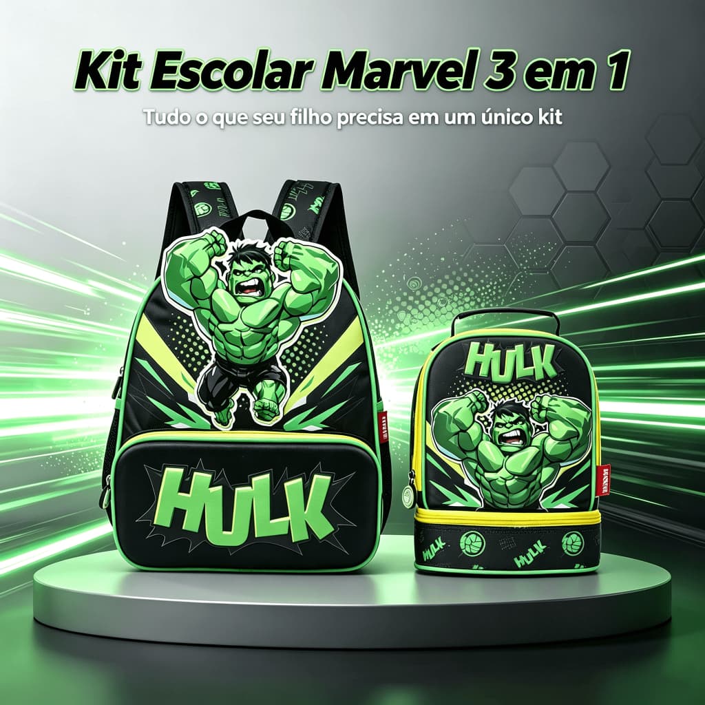 Kit Mochila Lancheira Hulk Infantil Escolar Masculino Marvel