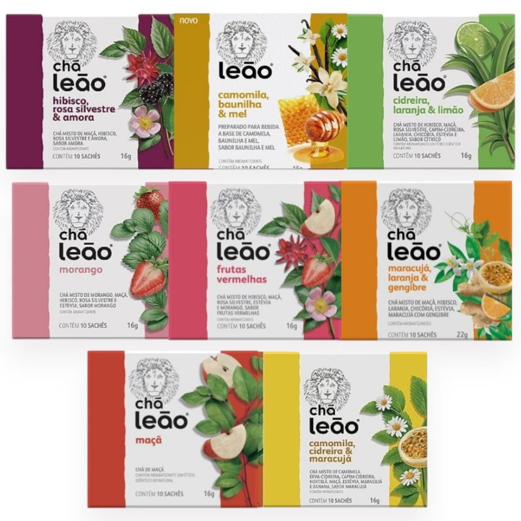 Combo Chá Leão Frutas e Flores 8 Caixas 80 Sachês Embalados Individualmente