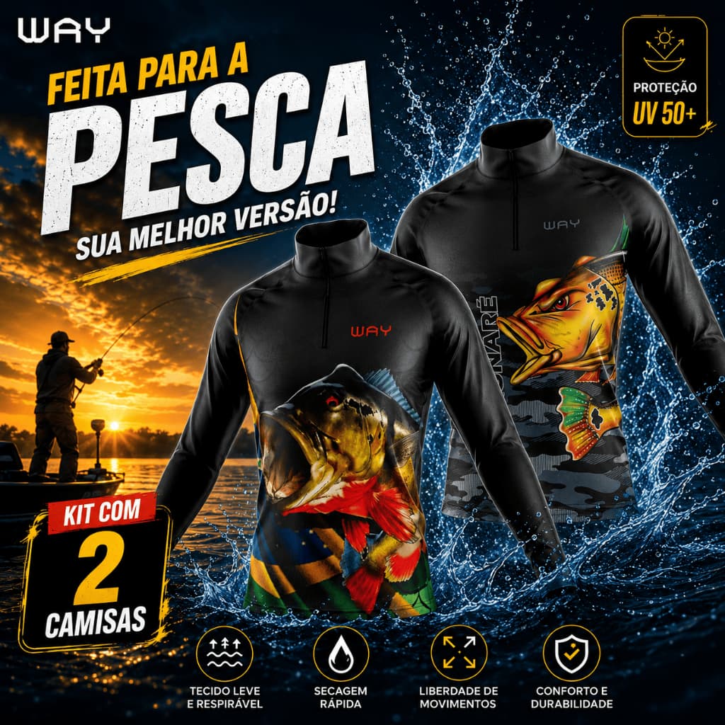 Kit 2 Camiseta de Pesca Manga Longa Masculina Com Proteção Uv Térmica Camuflada