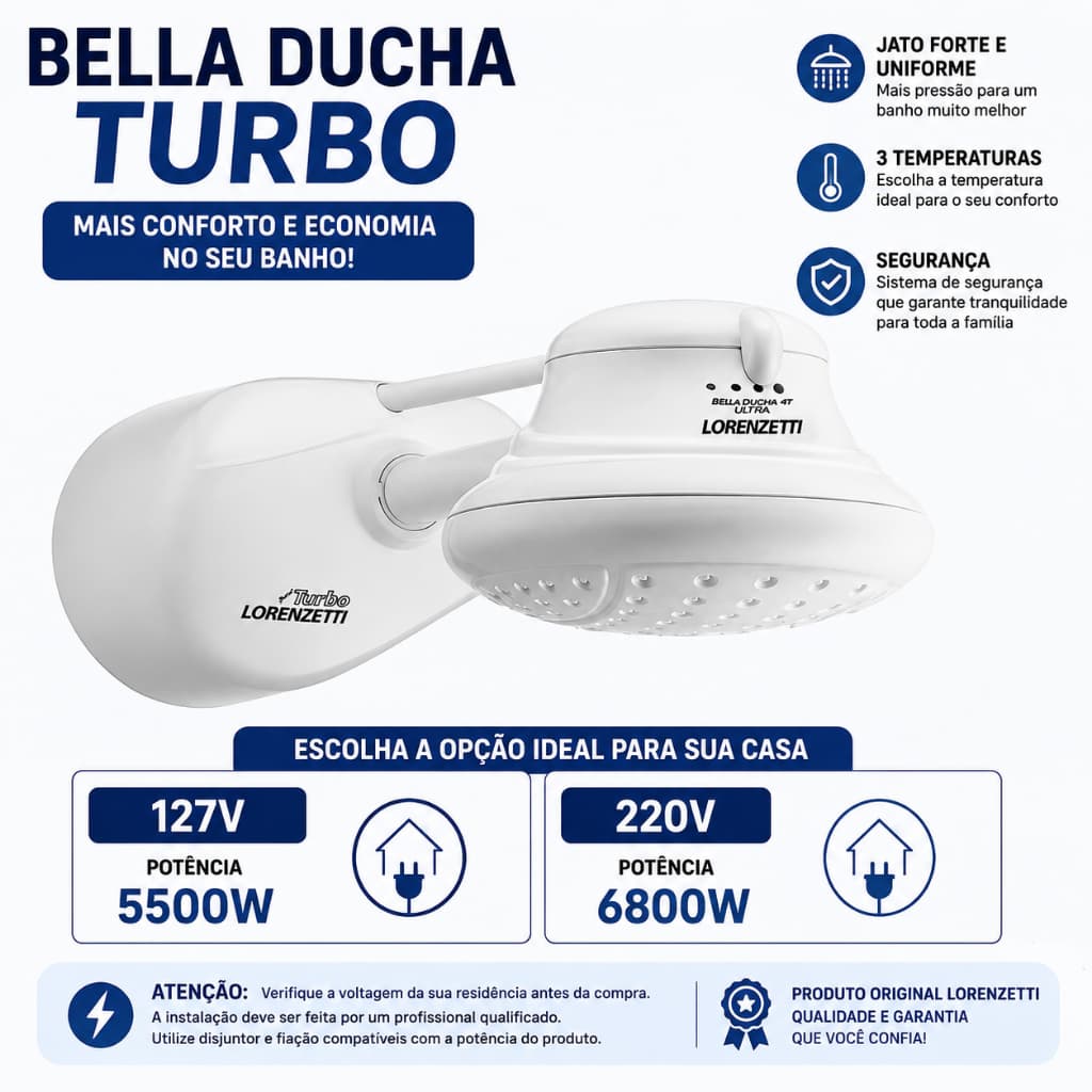 Chuveiro Lorenzetti Bella Ducha Turbo 127V 5500W ou 220V 6800W Original
