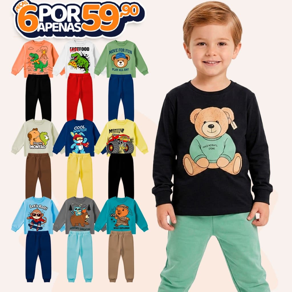 Kit Sortido 6 Peças de Roupas Masculino Infantil Inverno Meia Estação – 3 camisas manga longa + 3 calças de Moletom